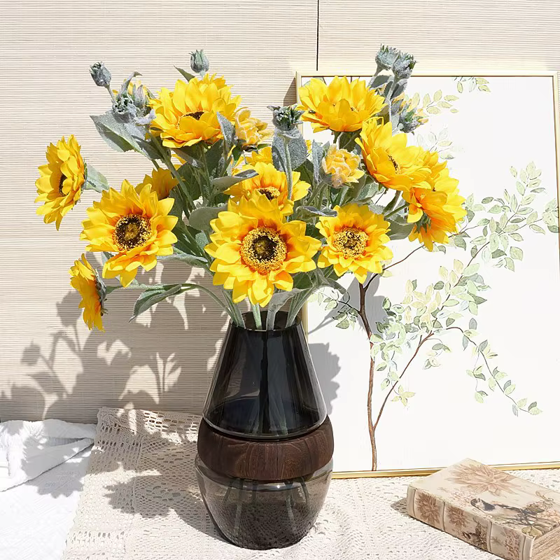 Fausses plantes artificielles de tournesol floquées à 5 têtes