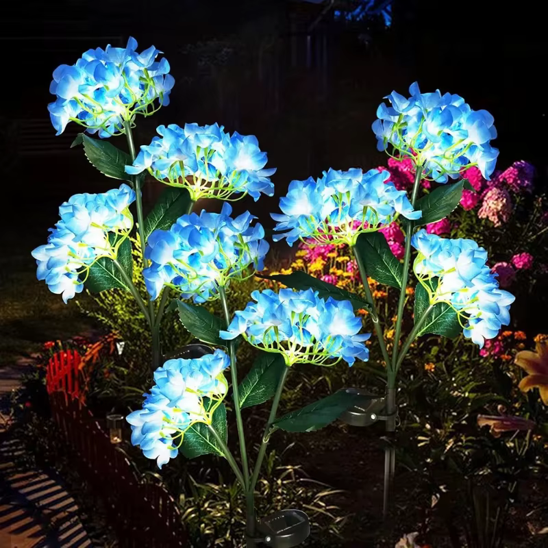 3 têtes d'hortensia Rose fleur lumière LED solaire lampes de pelouse de jardin extérieur