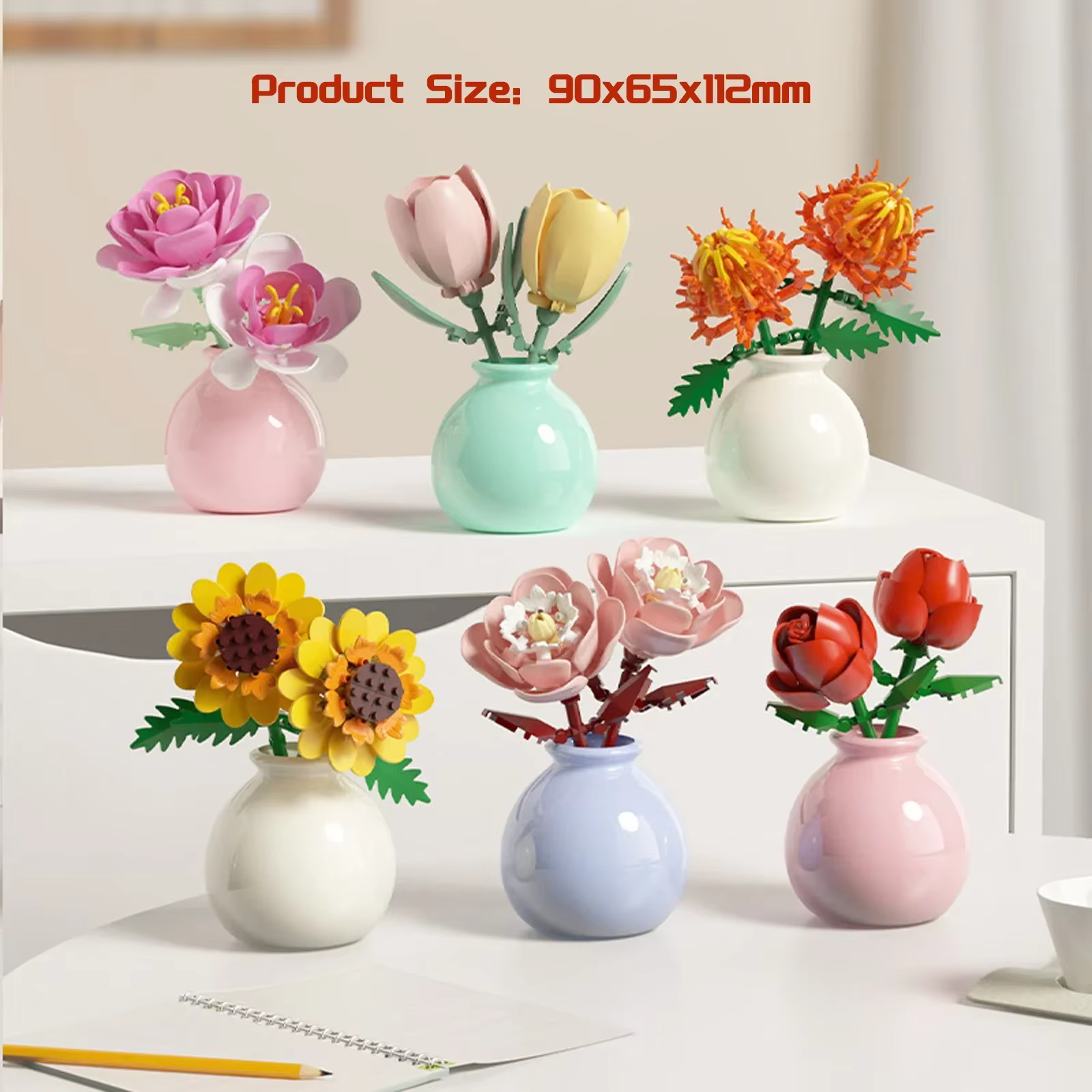 Mini Rose tulipe tournesol pivoine fleur avec Vase modèle Micro blocs de construction bricolage maison bureau plante décor brique filles cadeau enfant jouets
