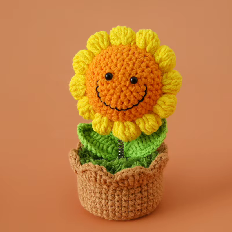 Fleurs au Crochet de blé avec plante tricotée en pot