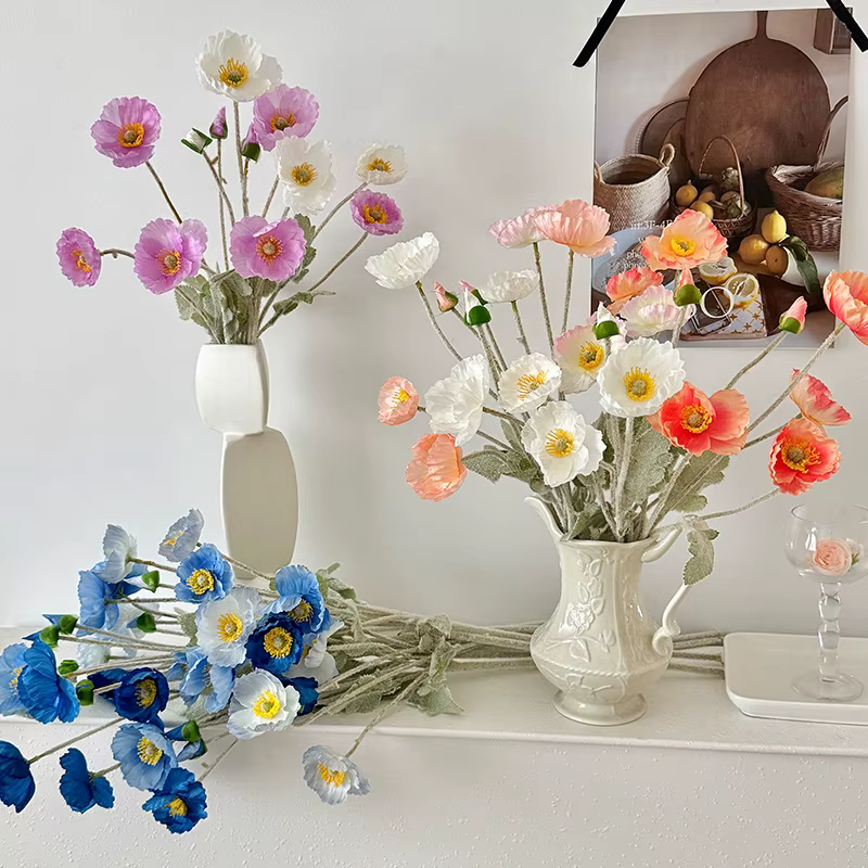 Fleur artificielle pavot floqué de 60 cm pour centre de table