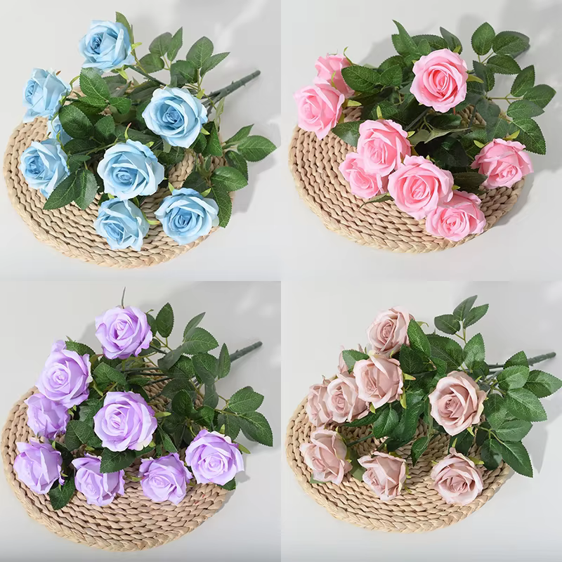 Roses artificielles en soie marron à 9 têtes
