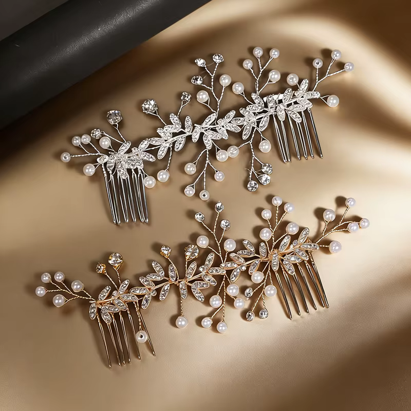 Peigne à cheveux de mariée européen et américain avec fleurs dorées, accessoire de coiffure double peigne, accessoire pour robe de mariée