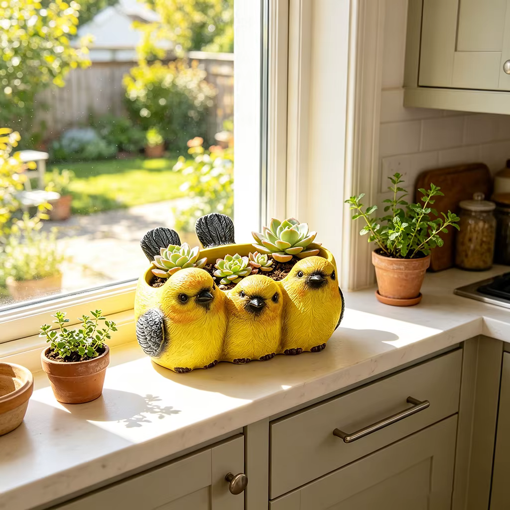 Pot de fleurs en résine en forme d'oiseau jaune mignon