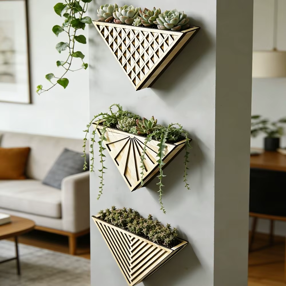 Support de plante mural triangulaire en bois moderne