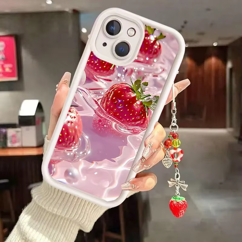 Coque en silicone souple mat TPU avec chaîne et pendentif motif fleur fraise pour Google Pixel 10 Pro 9A 8A 10 9 8 10 Pro XL 7A
