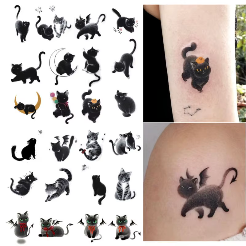 Tatouages Temporaires de Chat Noir et Fleur pour Homme et Femme, Autocollants Imperméables, Art Durable, Mignon, Faux, Bras, Dessin Animé, Chaton