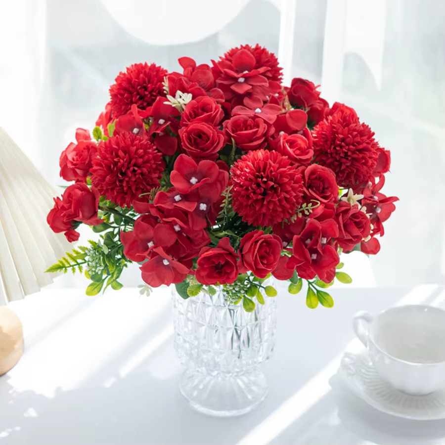 Fleurs artificielles Rose chrysanthème soie Bouquet saint valentin mariage extérieur cour jardin arc décor maison chambre guirlande accessoires