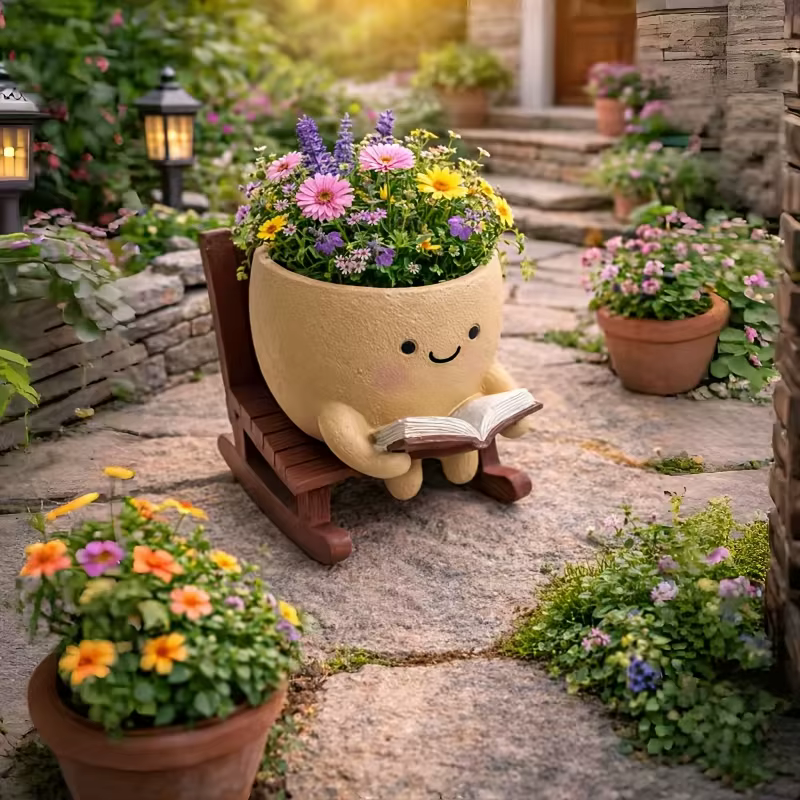 1PC Pot de fleurs en résine « Lecteur Souriant »