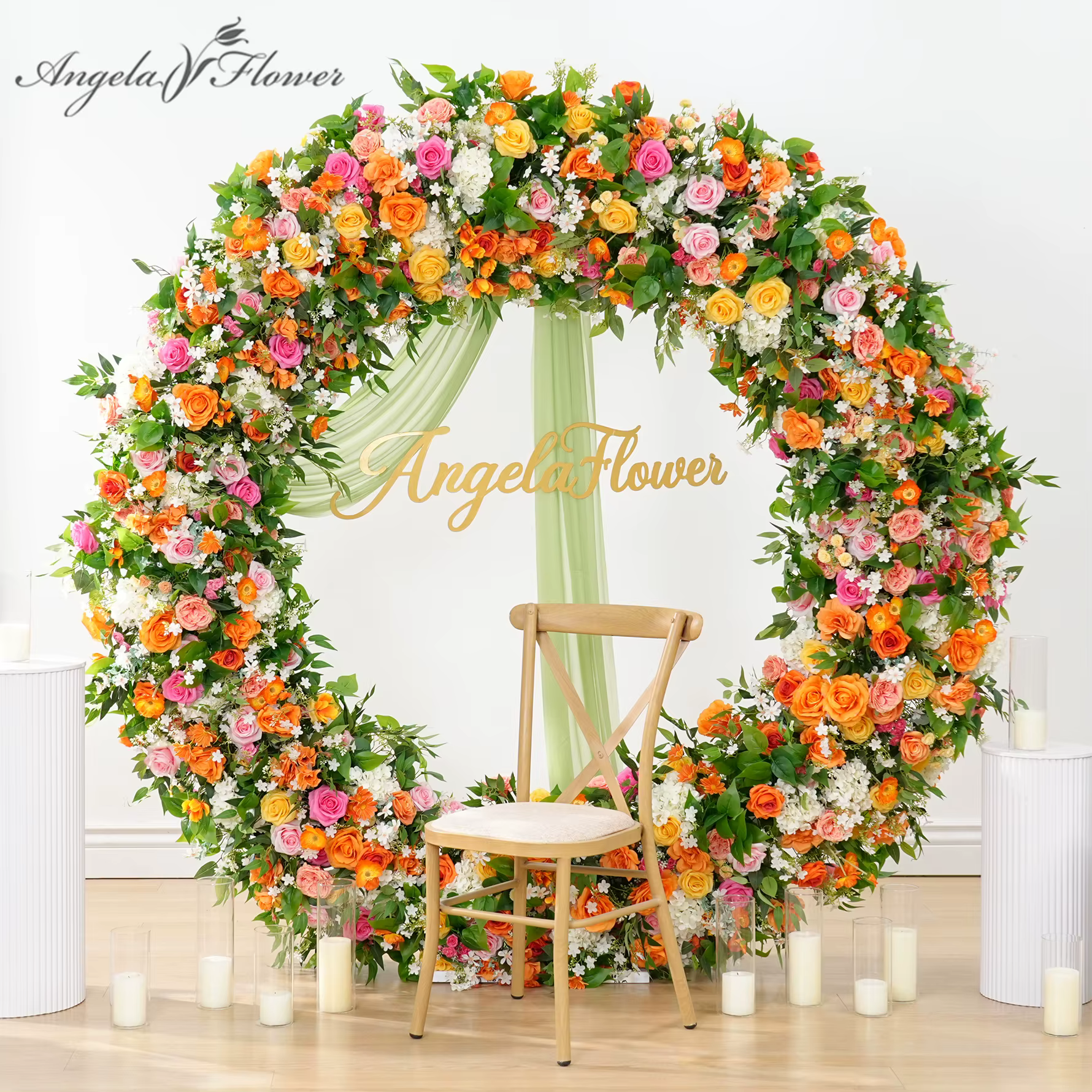 A8935 Orange rose vif verdure Arrangement de fleurs Table canapé chemin rangée florale événement fête mariage toile de fond décor accessoires