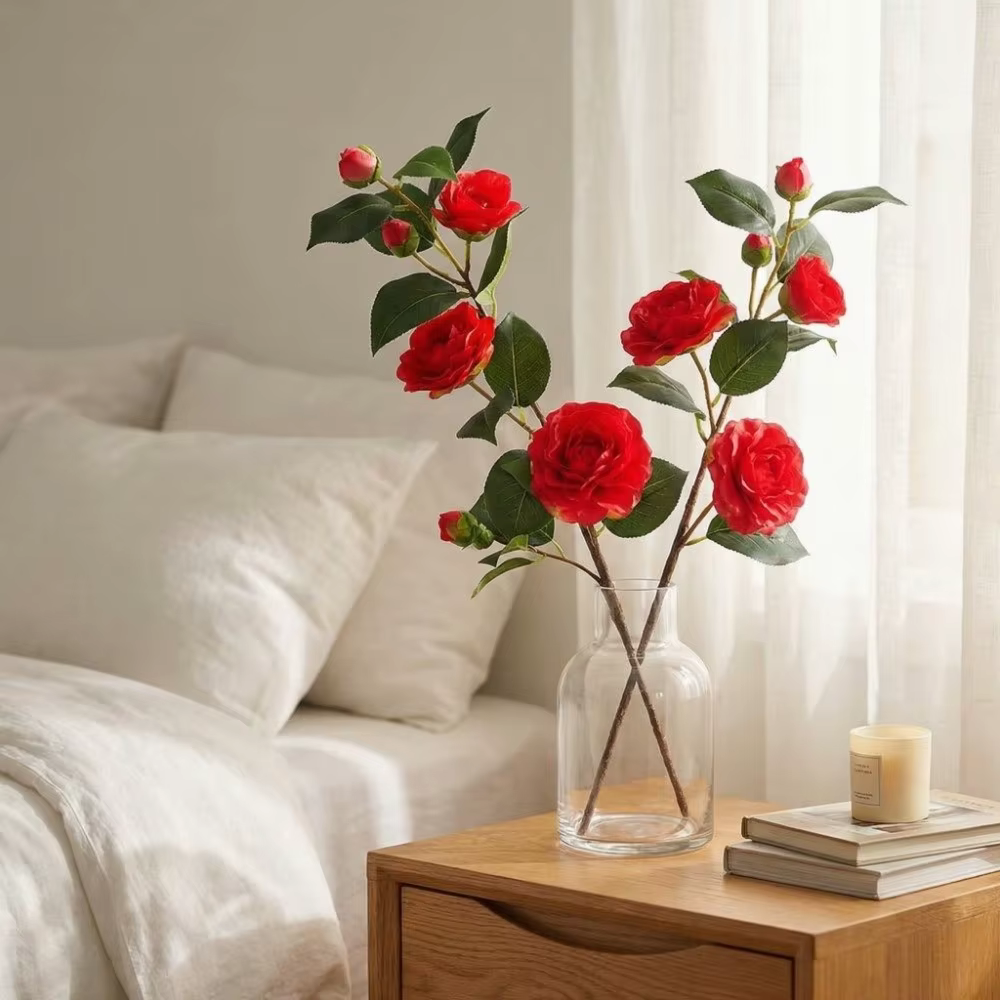 Fleur de camélia artificielle à feuilles vertes