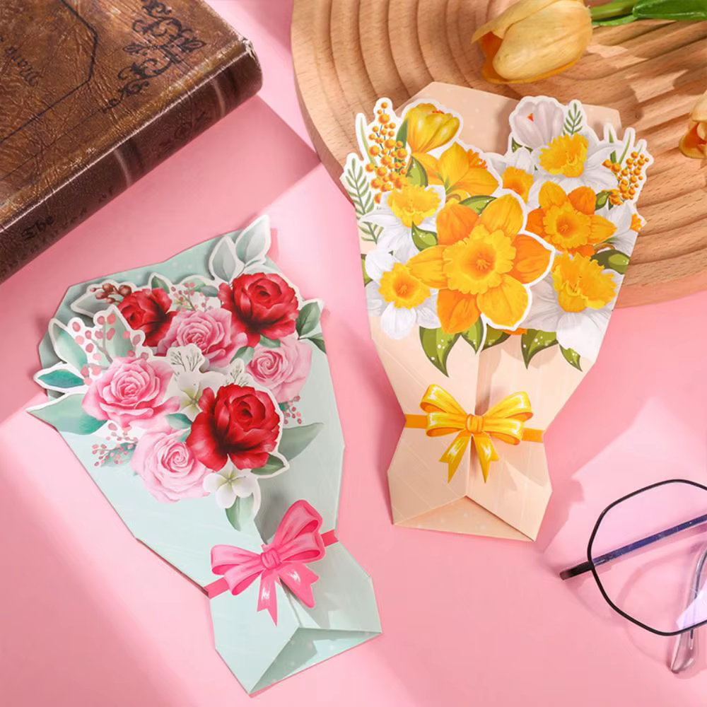 Carte de vœux 3D Fleurs en papier Tournesol/Rose/Œillet