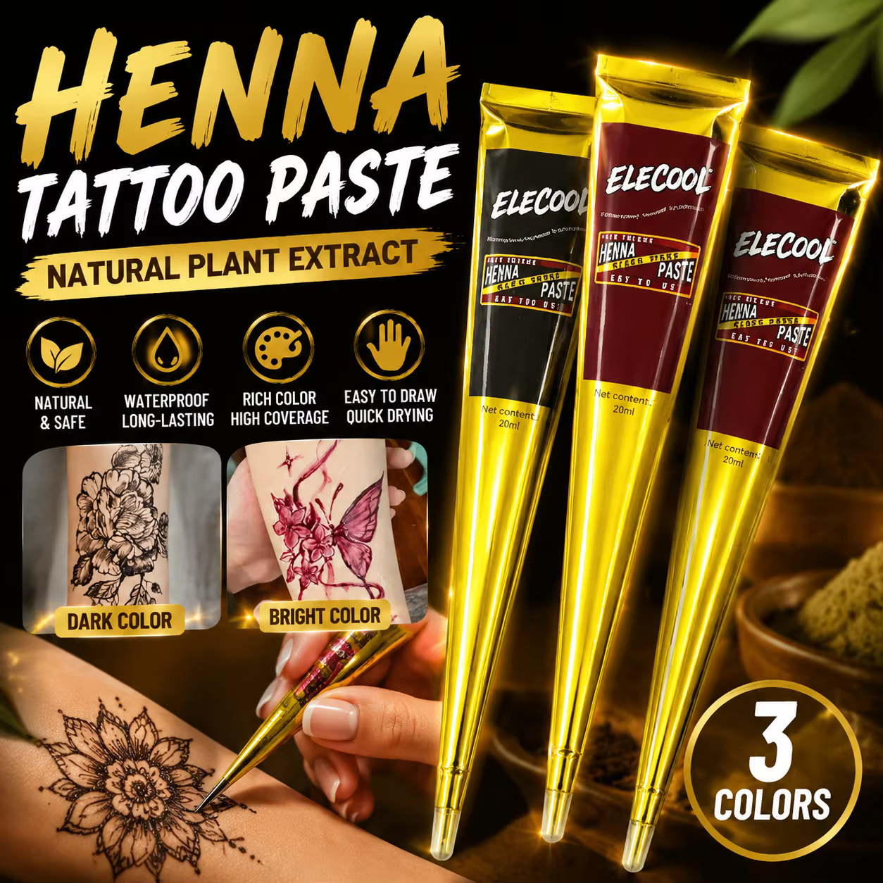 Pâte de tatouage au henné temporaire, encre de tatouage naturelle et sûre à base de plantes, imperméable, résistante aux taches, facile à dessiner, peinture corporelle au henné DIY