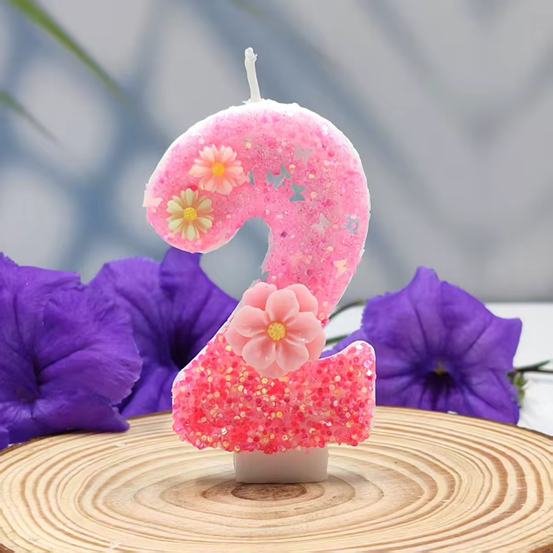 Bougies d'anniversaire avec chiffres roses en fleurs de cerisier, mignonnes et brillantes, pour 2ème joyeux anniversaire, décoration de gâteau pour fête d'anniversaire pour filles, cadeaux