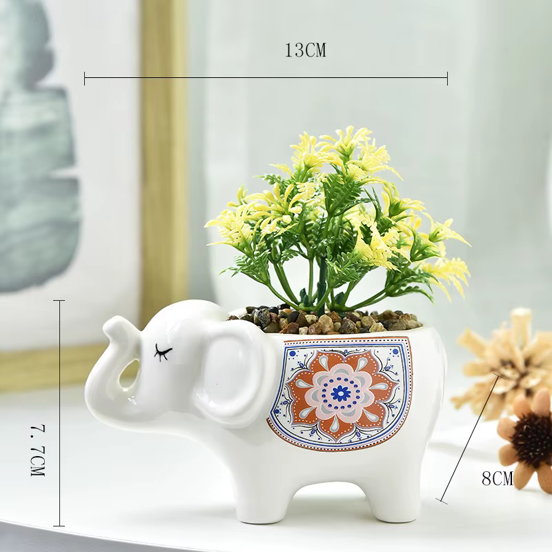 Pot de fleurs créatif en céramique en forme d'éléphant pour plantes succulentes avec trou de drainage