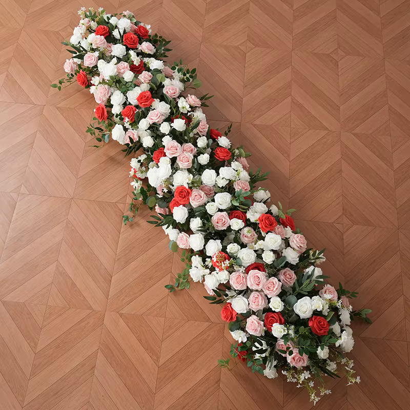 A8889 Haricots bordeaux Décor de rangée de fleurs vertes roses