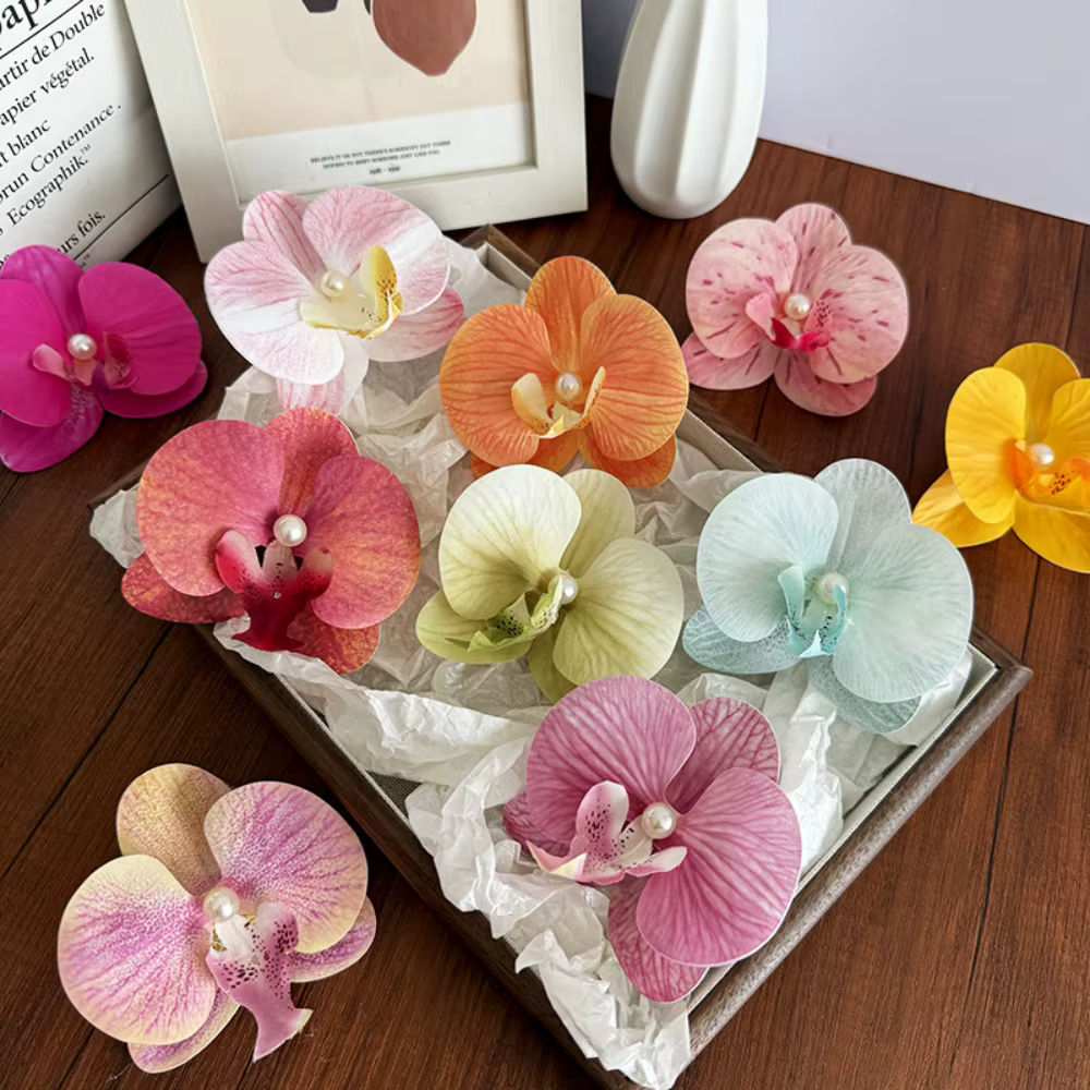 Pince à cheveux fleur de perle pour femme, mignonne, motif papillon et orchidée, pince bec de canard, accessoires de plage