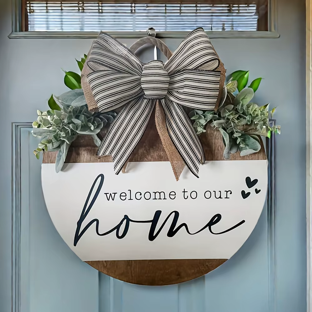 Panneau de bienvenue couronne de porte suspendue ronde en bois verdure plante feuilles maison chambre mur Art café