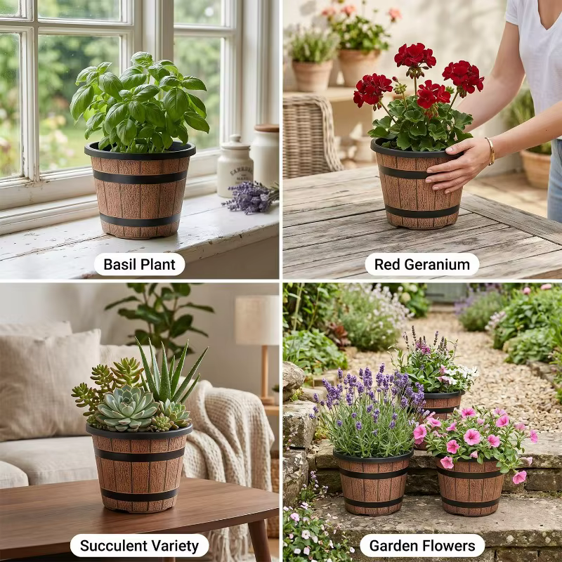 Pot de fleurs en plastique imitation baril en bois rétro