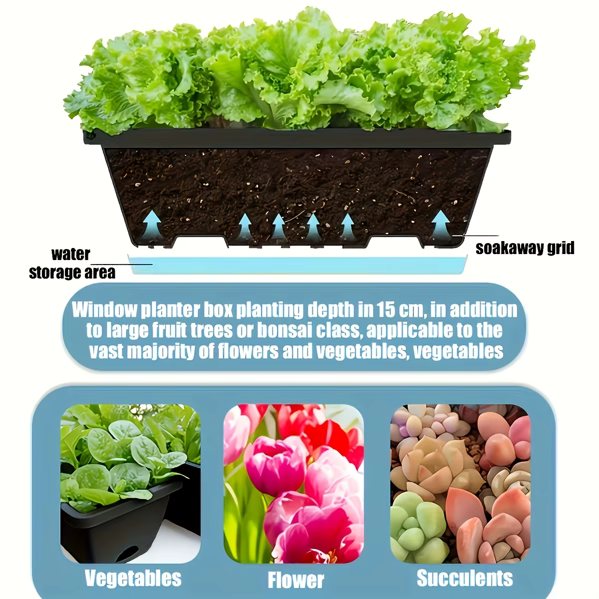 3 pièces fenêtre boîte planteur Rectangle plante conteneurs décors avec trous de Drainage Pot de fleur Pot