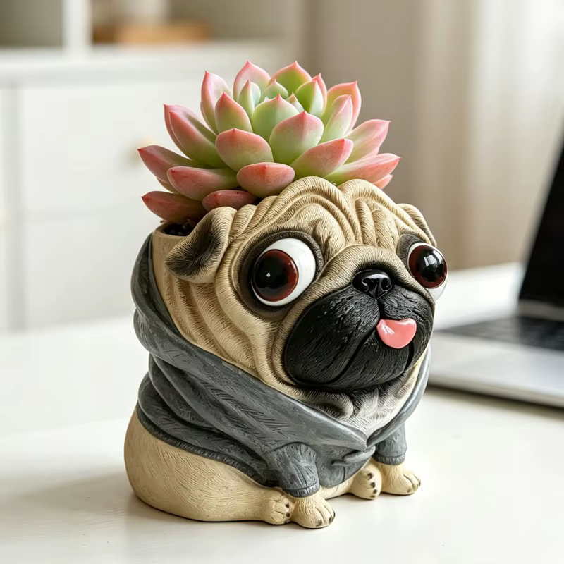 Pot de fleurs en résine en forme de chien Pug