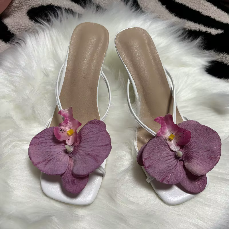 Orchid Flower-Talons hauts à fleurs pour femmes, blanc, rose, bleu, violet, floral, carré, Parker, pantoufle de Rh, chaussures à bride arrière pour femmes, été, nouveau