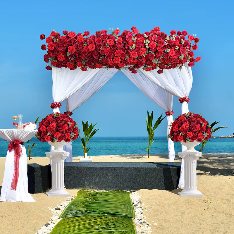 A8114 bordeaux rouge Rose vert feuille d'eucalyptus arc de mariage arrangement de rangée florale centre de Table