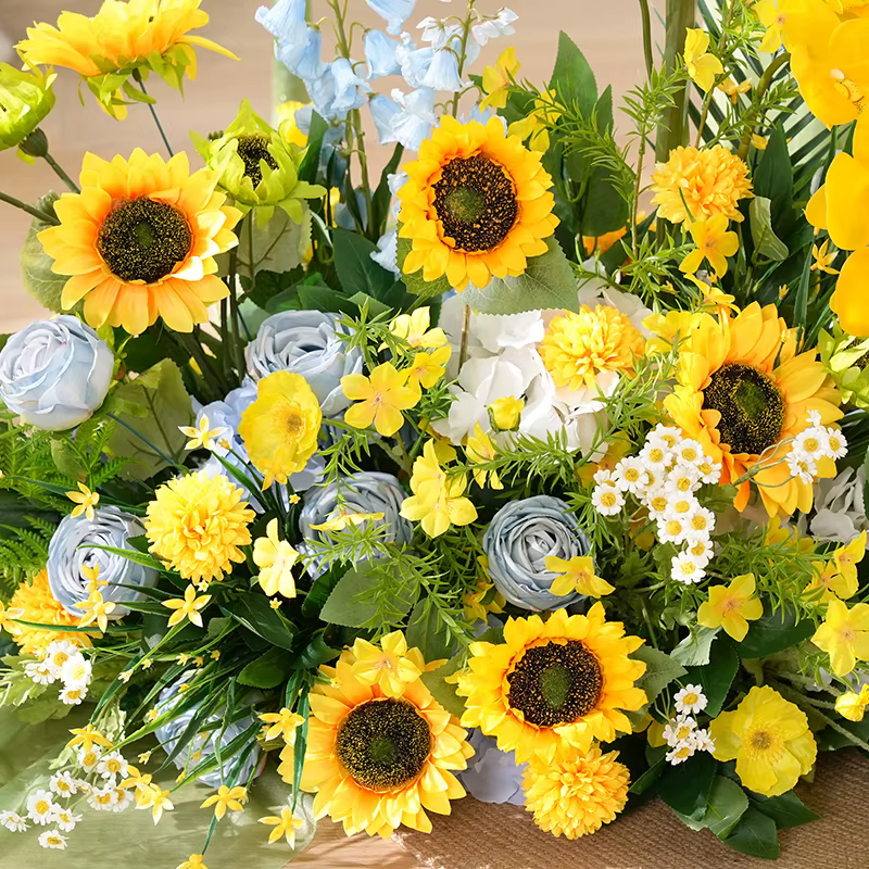 Arrangement de fleurs suspendues orchidées tournesol jaune