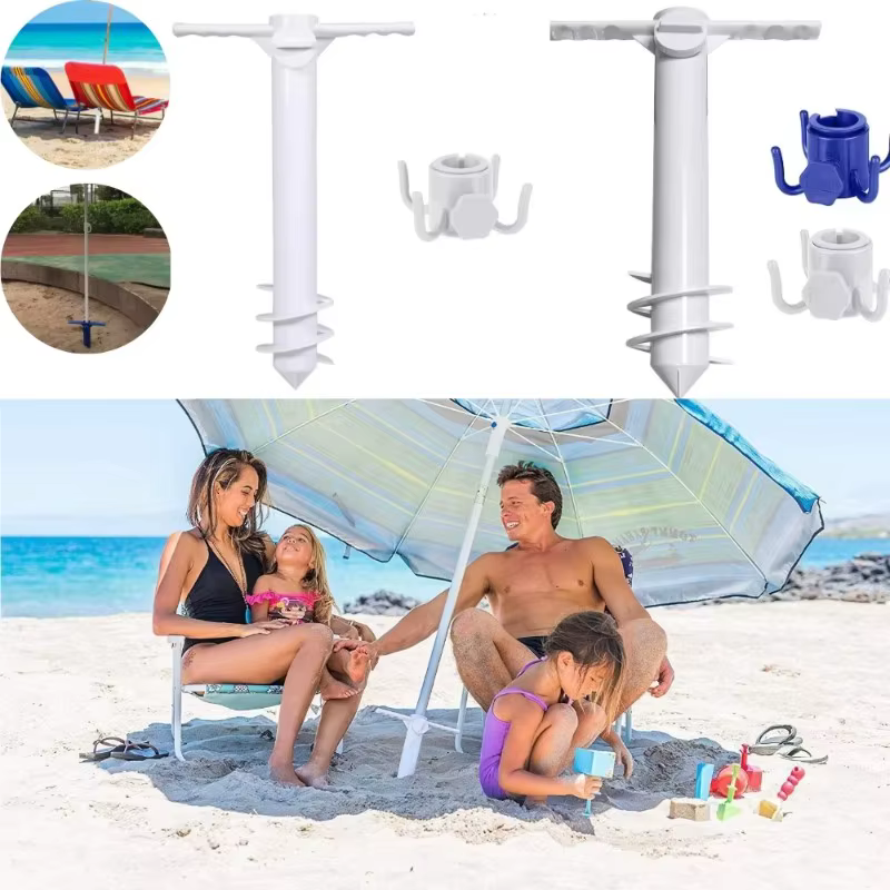 Support et porte-parasol de plage avec ancre spirale pour le sol, accessoire de voyage extérieur avec inserts à crochet pour équipement de plage