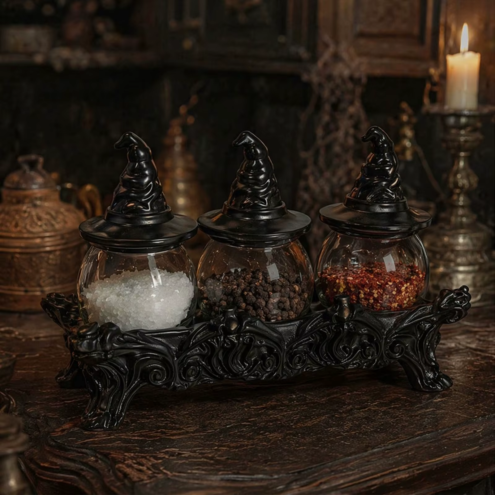 Bocaux à épices uniques avec couvercles en forme de chapeau de sorcière, décoration de cuisine Witchcore, ensemble de bocaux à épices d'apothicaire pour thé, café, noix ou sucre