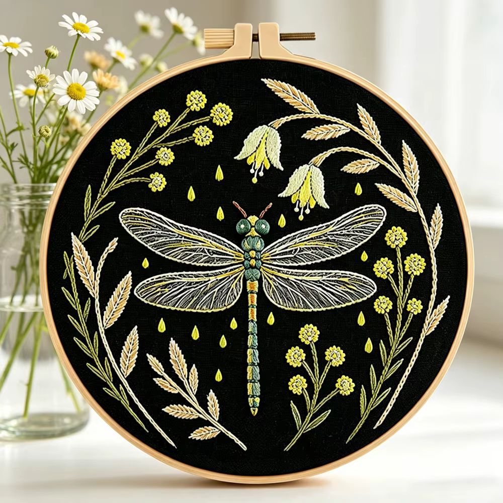 Kit de broderie Libellule, Papillon, Abeille, Insecte avec fleurs, avec instructions en français, fils, tissu estampé avec motif pour cadeau DIY
