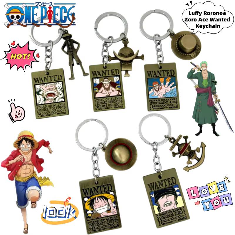 Porte-clés One Piece Luffy Roronoa Zoro Ace, design créatif de dessin animé, style 'Wanted', en alliage, pendentif décoratif pour sac à dos, cadeau