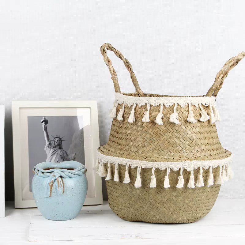 Boho décor paniers en osier rangement tissé à la main panier en rotin Pot pliable avec poignée plantes Cestos Mimbre