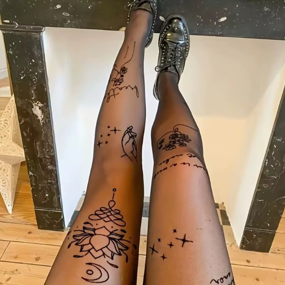 Collants Sexy avec tatouages de lettres de fleurs, collants transparents et respirants pour femmes, Leggings élastiques taille haute, usage quotidien
