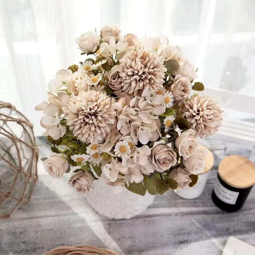 Fleurs artificielles De Mariage Maison Chambre Décor De Table Bouquet De Mariée Jardin YardFake Soie Roses Hortensias Vase pour Conseil À L'extérieur
