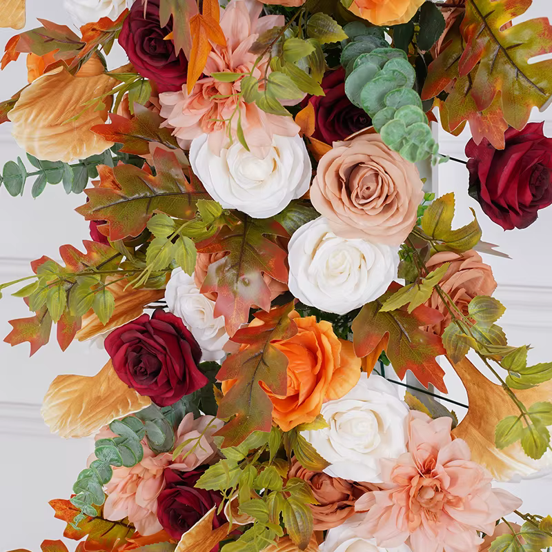 Automne Orange Rose Dahlia feuilles d'érable Arrangement de rangées florales toile de fond de mariage cadre en arc décor fête événement scène support de fleurs