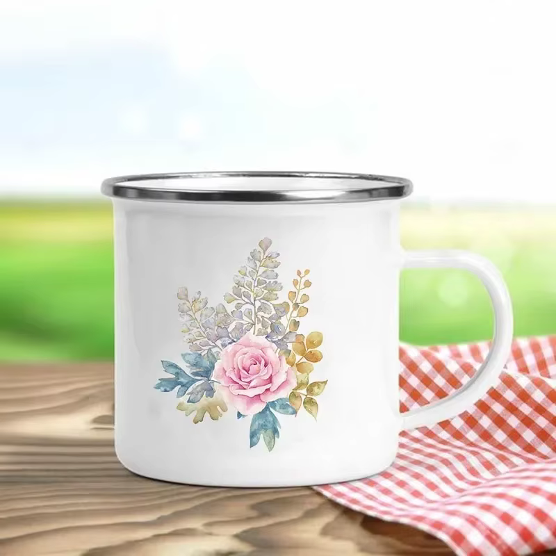 Tasses en émail rétro imprimées de fleurs, tasses à café créatives, boissons de pique-nique en plein air d'été, jus de lait, tasses de Camping, poignée, verres cadeaux
