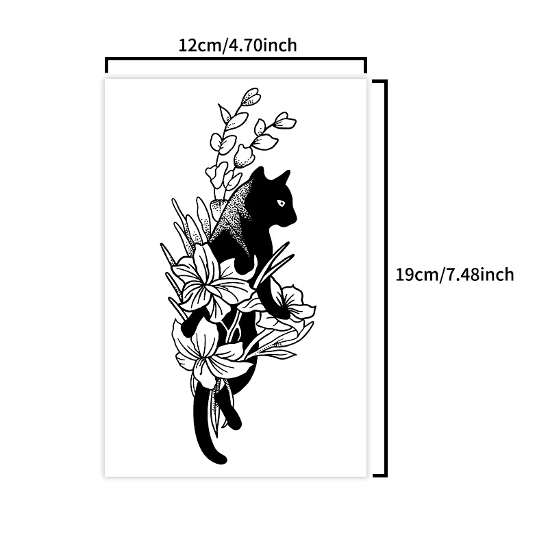 Autocollants de tatouage temporaire à base de plantes Cat and Flower, imperméables et durables pendant une à deux semaines, adaptés aux femmes, au bras et à la jambe