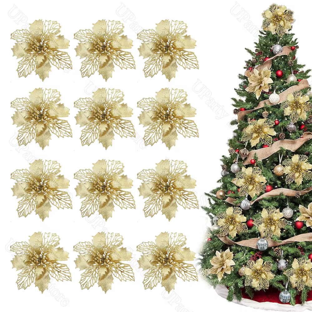 12 pièces Poinsettia fleurs de noël avec Clips paillettes or