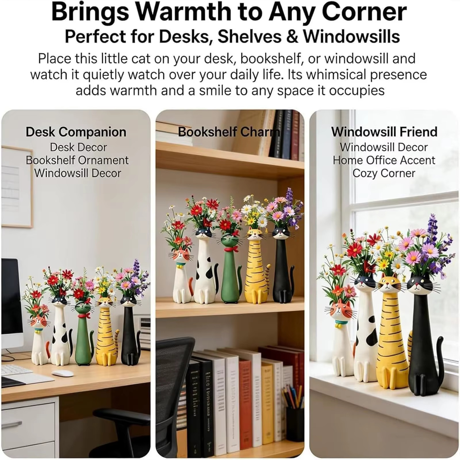 Vase à fleurs en résine artisanal fantaisie en forme de chat, ornement créatif moderne pour petites fleurs, décoration de bureau et d'étagère