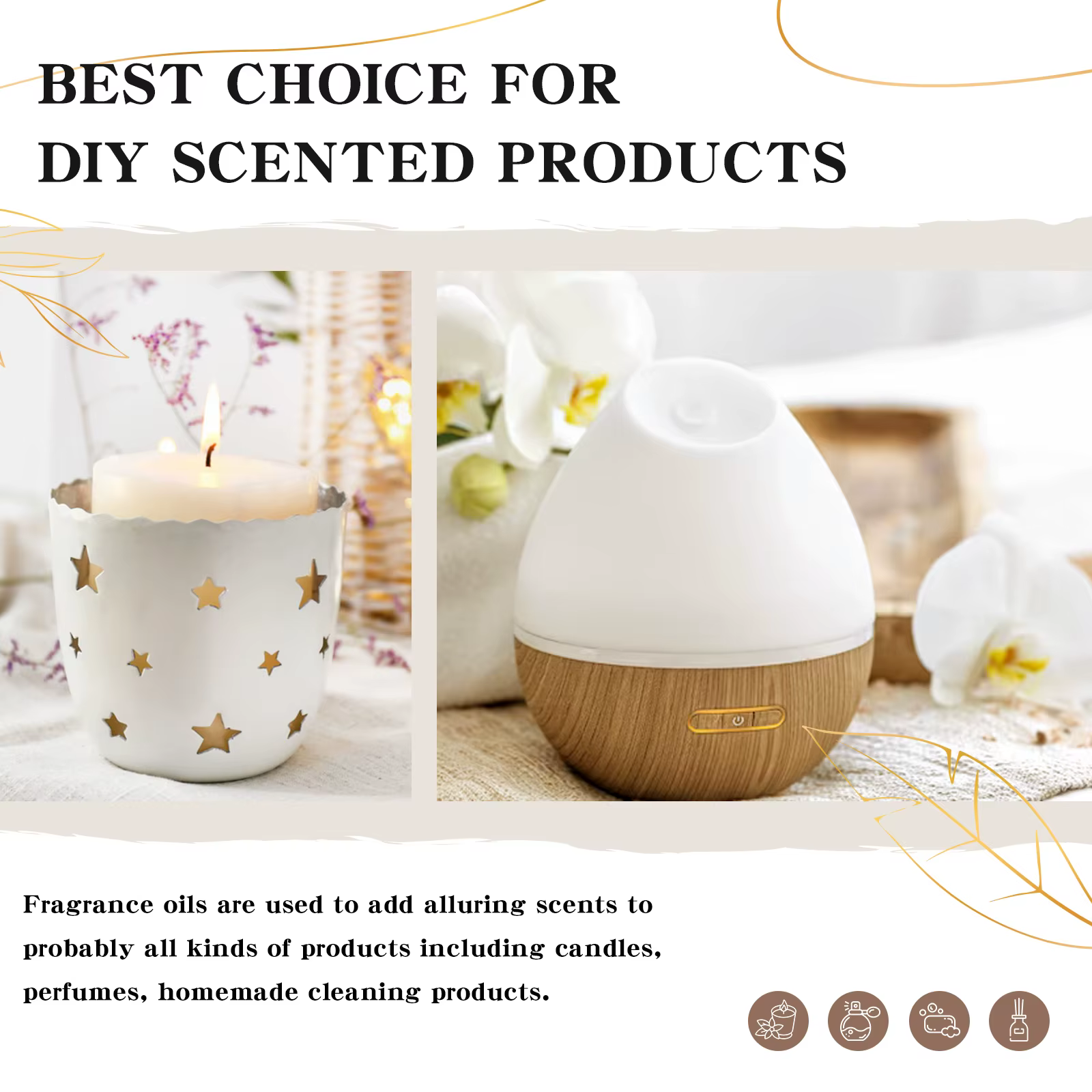 EUQEE 60ml huile parfumée série fleur pour diffuseur d'aromathérapie musc blanc noix de coco vanille
