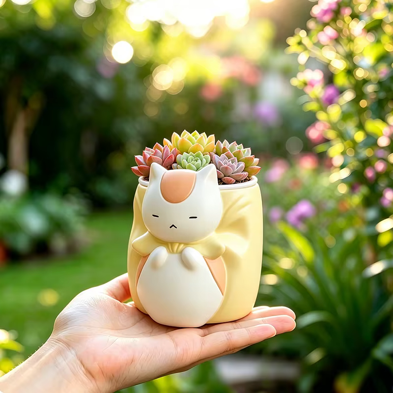 Pot de fleurs en résine chat bouffon endormi