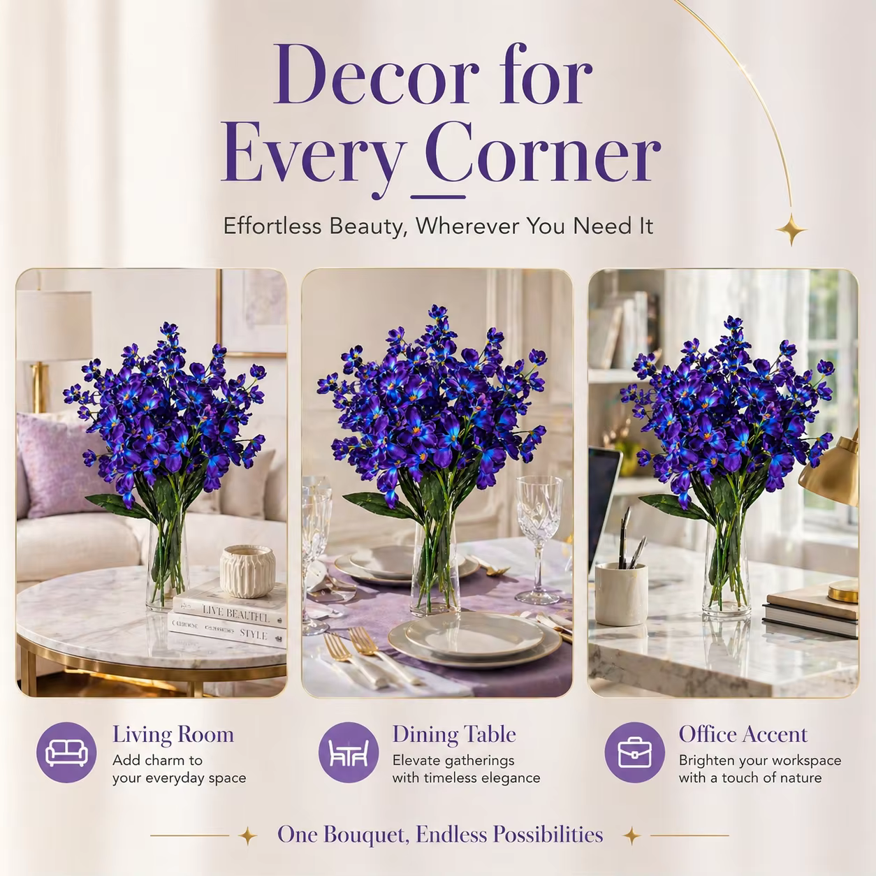 5 pièces de fleurs d'orchidées artificielles violettes et bleues de 27 pouces pour bouquet de mariage