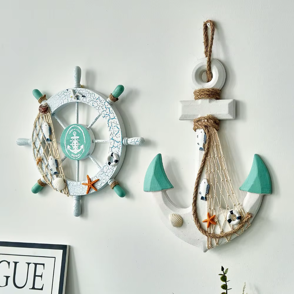 Lot de 2 gouvernails et ancre de bateau en bois nautique avec corde