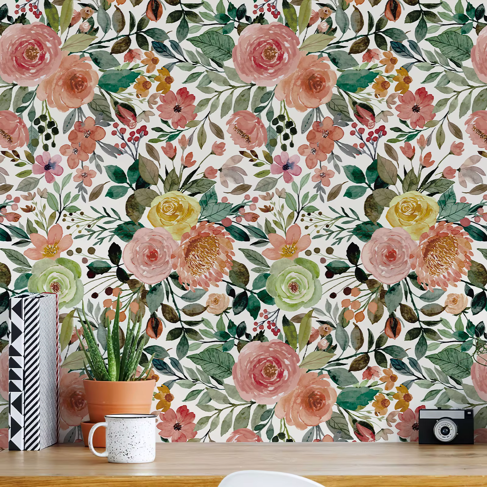 Papier peint Floral rose à décoller et à coller