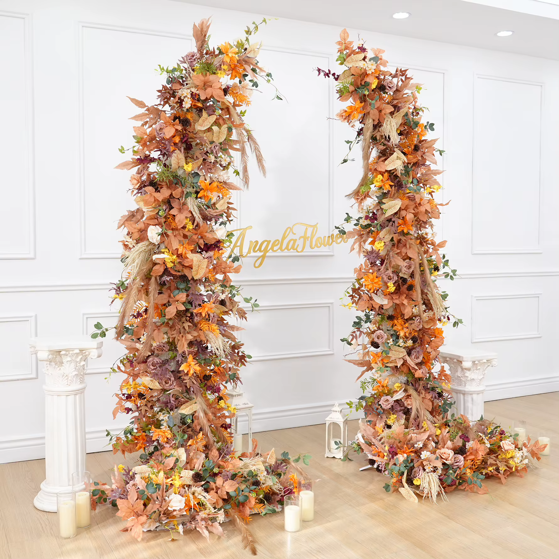 A8988 automne Orange Pampas herbe tissu Base Arrangement floral mariage toile de fond corne arc décor événement allée