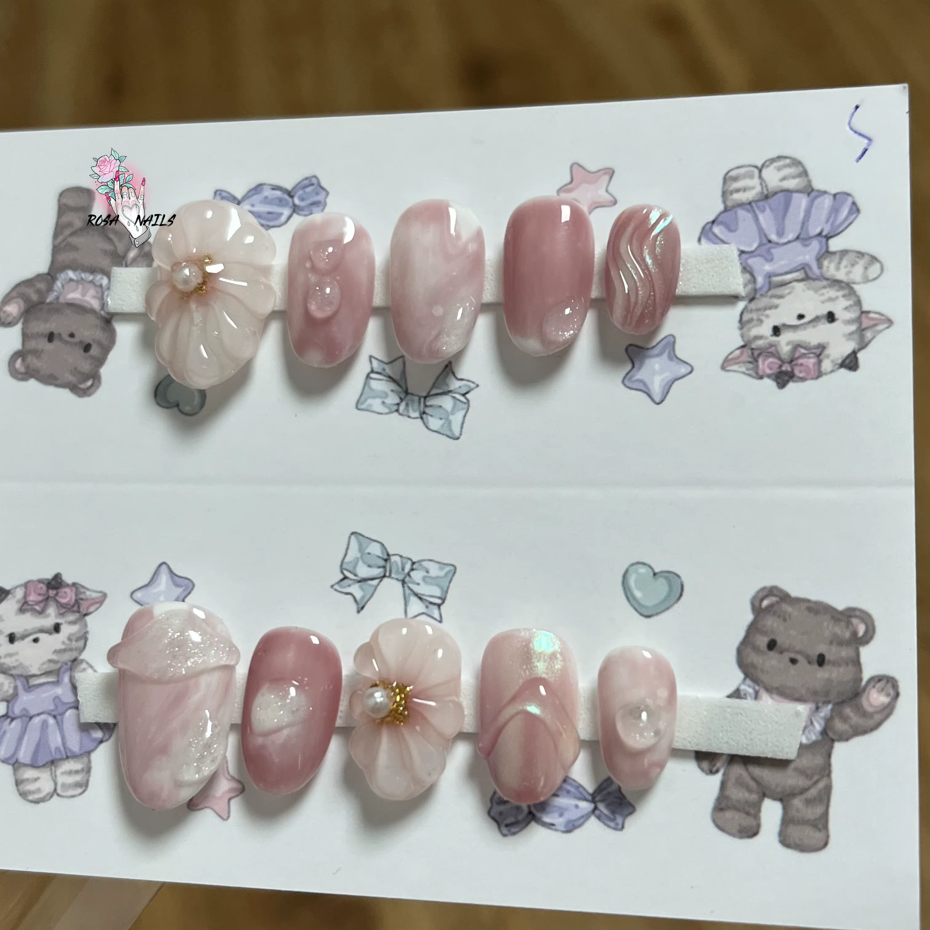 Faux Ongles Courts Roses, Vente en Gros, Ongles Artificiels, Amande, 3D, Conception Florale, Pointes Artistiques, Presse Faite à la Main, N64.