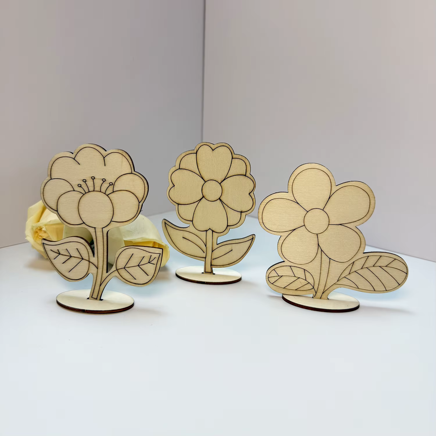 Lot de 6 pièces/1 ensemble de fleurs en bois à peindre soi-même
