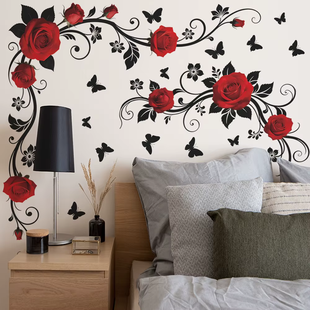 Sticker mural papillon et fleurs rouges