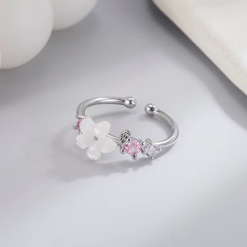 Bagues à fleurs romantiques roses pour femmes, Zircon brillant, branche de fleur de cerisier, coquille, bijoux esthétiques de mariage et de noël